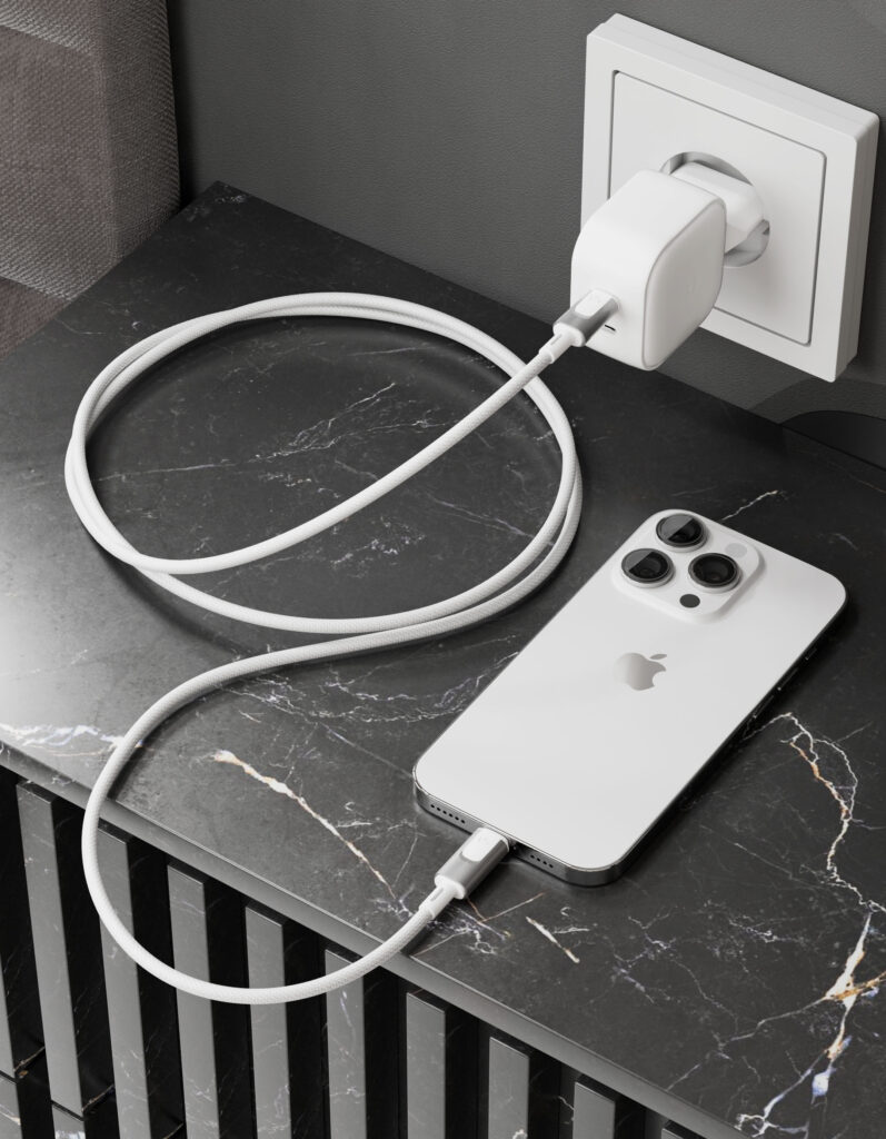 Кабель VLP Force Line [USB-C + Lightning] 120см 30W, Белый (1036002) на белом фоне Nice Case